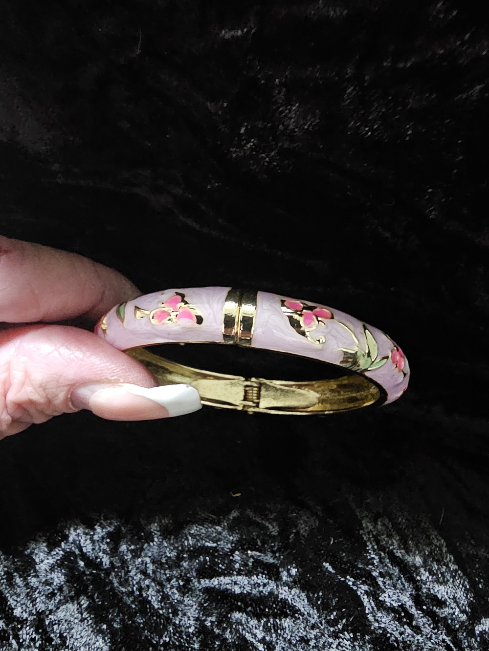 Gold-Tone Pink Floral Enamel Hinged Bangle Bracelet